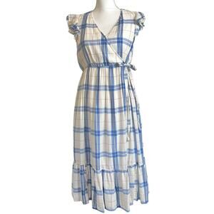 Old Navy Plaid Midi Dress Faux Wrap Ruffle Sleeve Tiered Preppy Summer, Size M